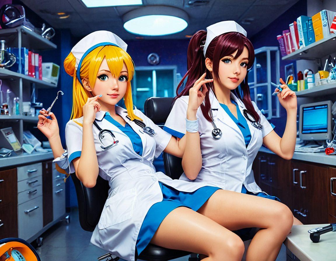 A whimsical and sultry scene depicting playful animated nurses and quirky physicians in a colorful hentai fantasy setting, filled with vibrant expressions and exaggerated features. The background brims with a comic-style hospital environment, with quirky medical instruments playfully rearranged. The overall mood is lighthearted and cheeky, capturing the essence of animated erotica. bold colors. anime-inspired. vibrant and playful style.