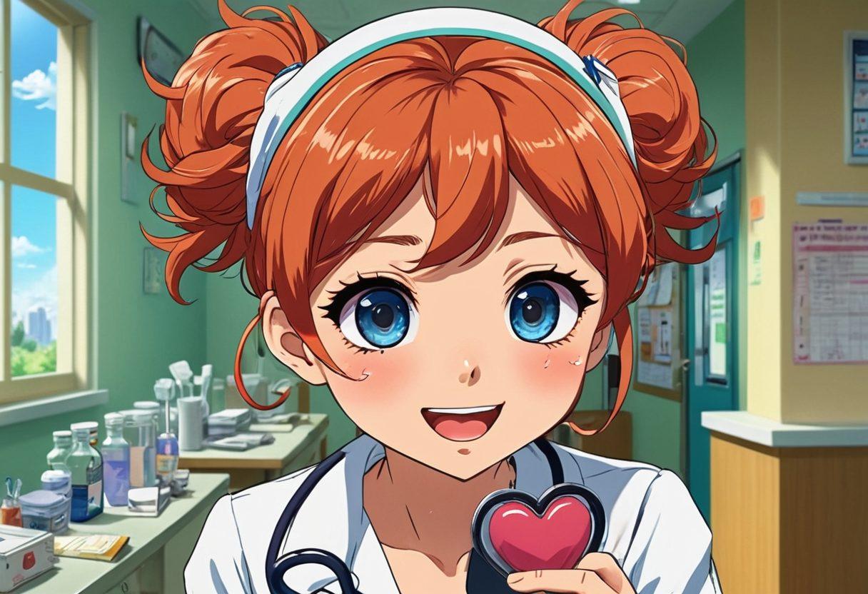 A dynamic manga-style scene featuring a playful and whimsical blend of characters: a blushing nurse with exaggerated features holding a medical chart, a crazy physician with wild hair and an oversized stethoscope, set against a colorful anime-inspired hospital backdrop filled with vibrant details like heart monitors and animated medicine bottles. The characters should exude charm and mischief, enticing readers to dive deeper into the world of adult anime. vibrant colors. anime style.