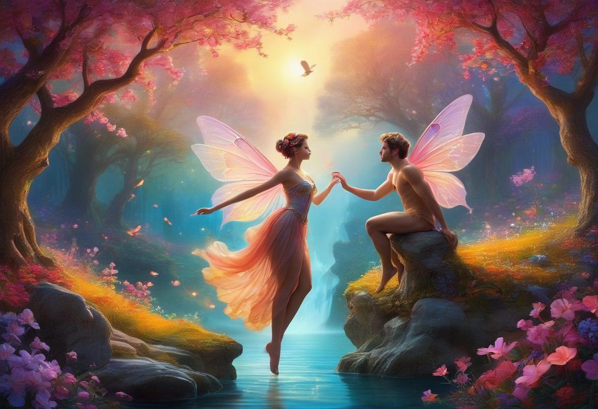 A whimsical fantasy landscape, showcasing a vibrant scene filled with playful, enchanting creatures engaging in flirtatious interactions. Central figures include a graceful fairy and a charming satyr, surrounded by colorful blossoms and ethereal lights, embodying sensuality and allure. The atmosphere is warm and inviting, drawing viewers into a world of imagination and desire. surreal art. vivid colors. dreamy background.